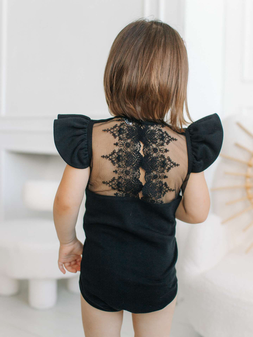 Боди c кружевной спинкой с коротким рукавом, Черный