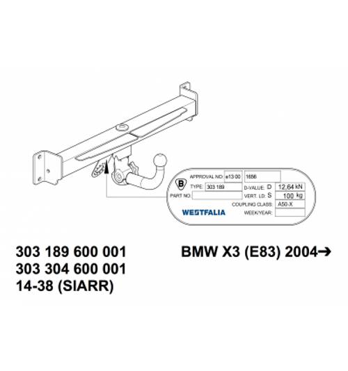 Фаркоп Westfalia 303304600001 BMW X3 2004-2010(паспорт и сертификат в комплекте)(без электрики)
