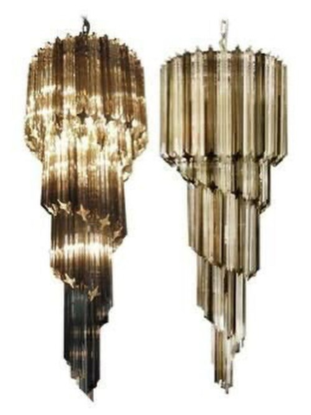 Эффектная подвесная люстра с каскадом вытянутых стеклянных подвесок в дымчатом оттенке.