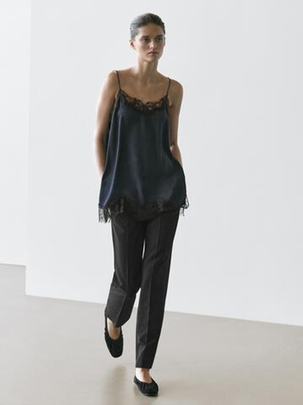 Massimo Dutti Топ в бельевом стиле с контрастной отделкой кружевом, темно-синий