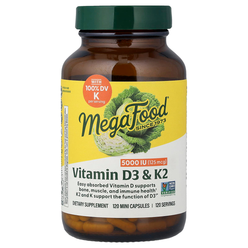 MegaFood, витамины D3 и K2, 120 миникапсул