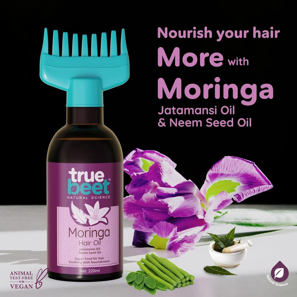 Truebeet Масло для волос Moringa Для успокоения и питания волос с маслом семян Ятаманси и Нима с расческой-апликатором для мужчин и женщин | Для всех типов волос (220 мл)