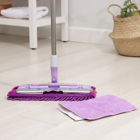 Швабра для мытья пола плоская, насадка из микрофибры букли 35×15 см, телескопическая стальная ручка 84-125 см