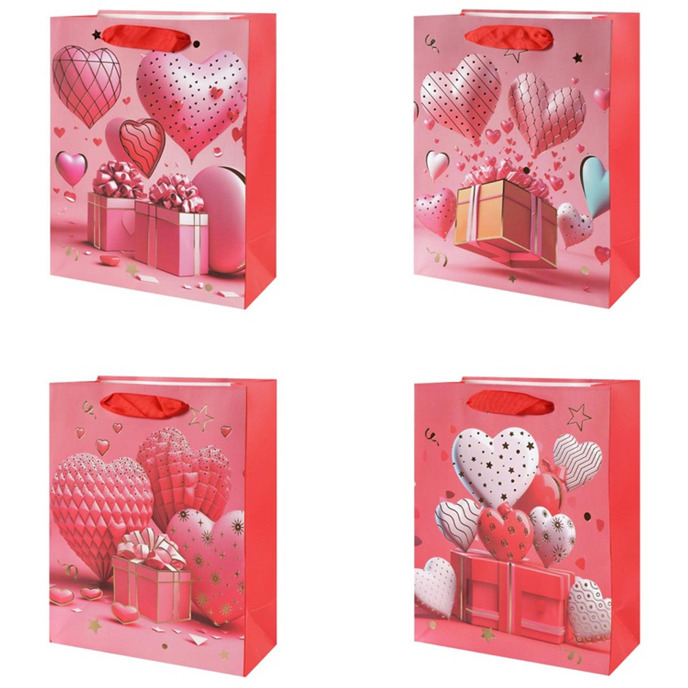 Подарочный пакет «Сердца с подарками» в четрых дизайнах, 18х23х12 см