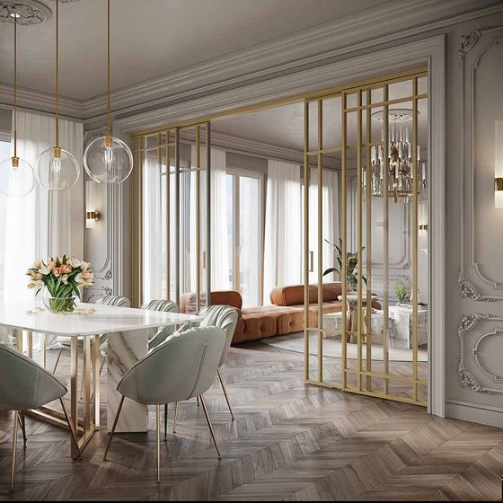 Алюминиевая стеклянная перегородка Классическая эксклюзив золото стекло прозрачное в интерьере