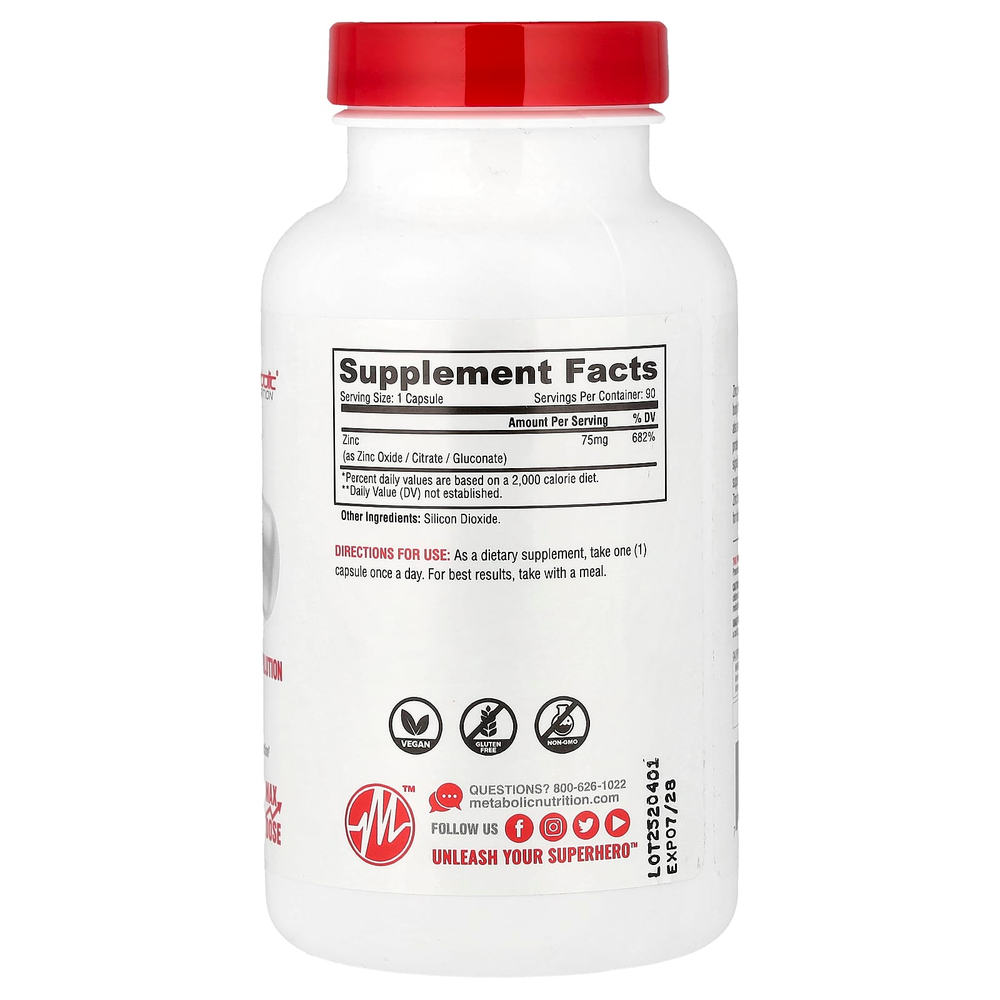 Metabolic Nutrition, Цинк, 75 мг, 90 капсул