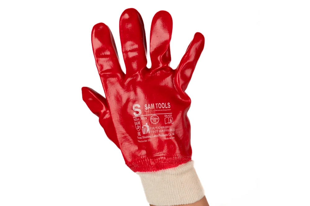 Перчатки маслобензостойкие трикотажные полный ПВХ облив красные (гранат) р.10/XL Samtools