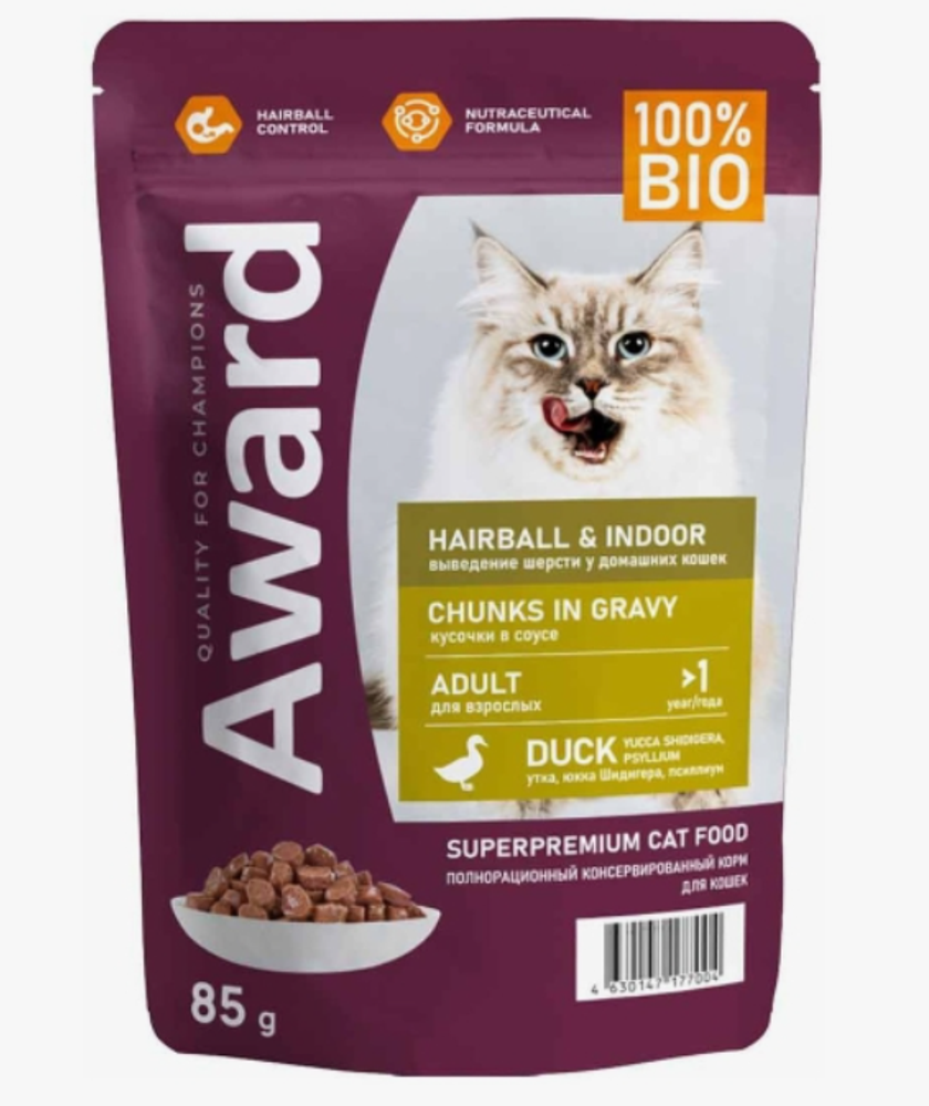 AWARD Hairball & Indoor влажный корм для кошек с кусочками утки в соусе 85г AWARD Hairball & Indoor влажный корм для кошек с кусочками утки в соусе 85г