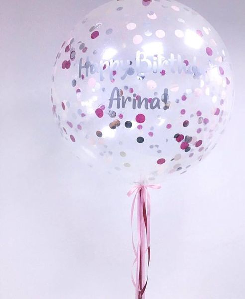 Шар Баблс с конфетти (сиреневый и серебро) и надписью