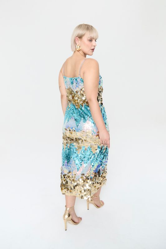 Платье-комбинация с пайетками, золотой с голубым