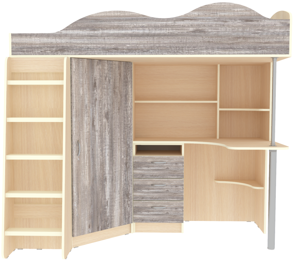 Кровать-чердак КарИВи Пионер с деревянной лестницей  Дуб Молочный Бетон