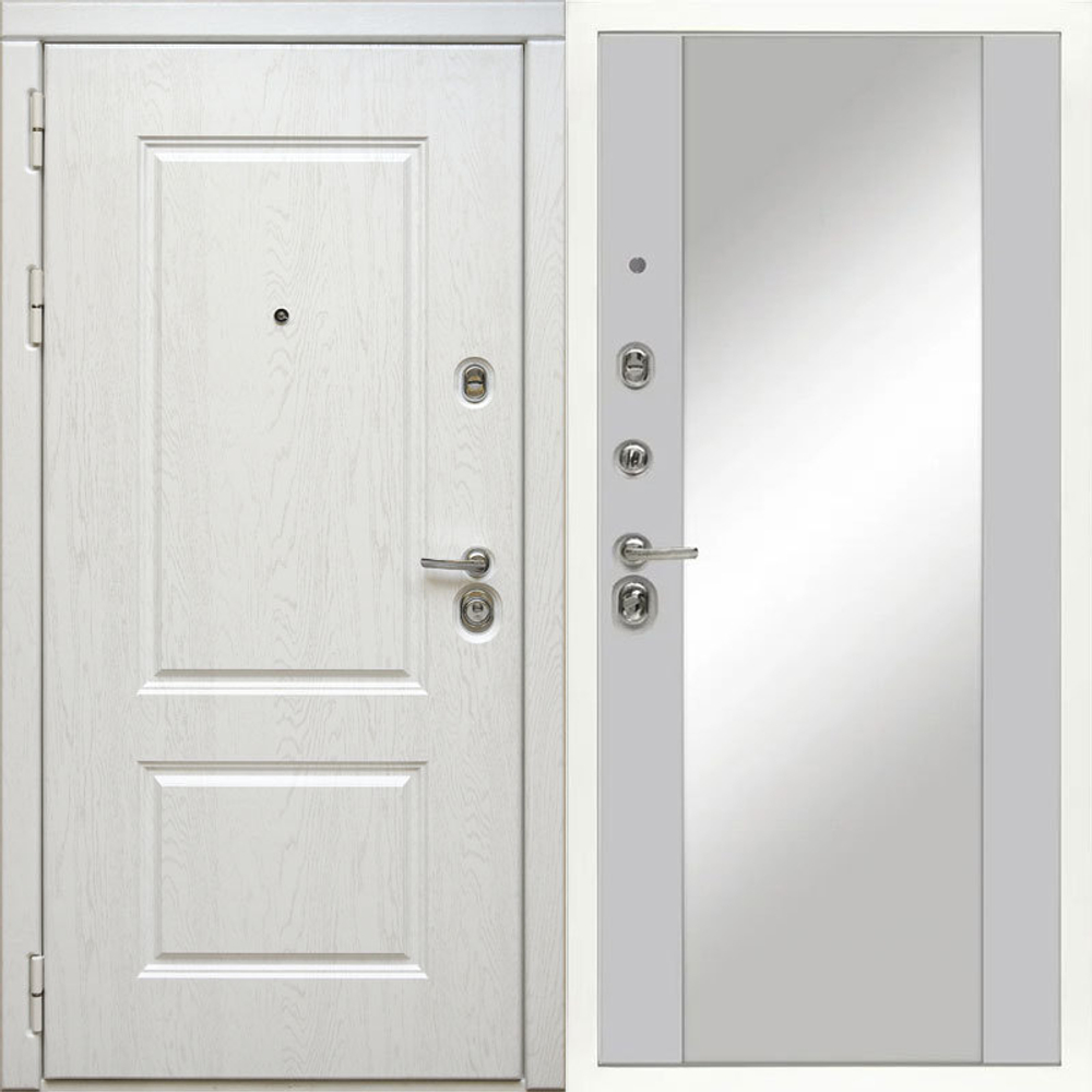 Входная металлическая дверь с зеркалом Дива (Diva) МД 44 Альберо браш серебро / Большое зеркало Силк маус (светло-серый)