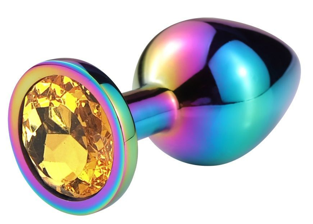 Разноцветная гладкая анальная пробка с оранжевым кристаллом - 6,8 см. (Цвет: оранжевый)