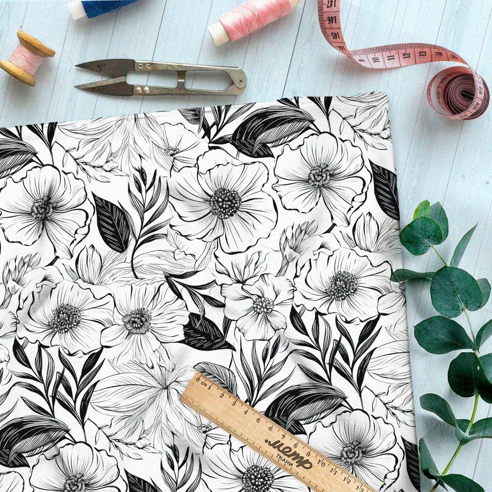 Ткань премиум Оксфорд 600D серо-белая цветочная фантазия