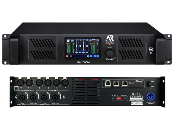 AudioRus M4-1000M Dante - усилитель мощности. Габариты: 482 х 88 х 516; 2U. Сенсорный LCD дисплей; PWM modulator.