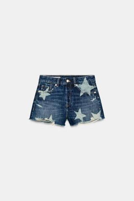 ZARA ДЖИНСОВЫЕ ШОРТЫ TRF СО СРЕДНЕЙ ПОСАДКОЙ И ЗВЕЗДАМИ, СИНИЙ
