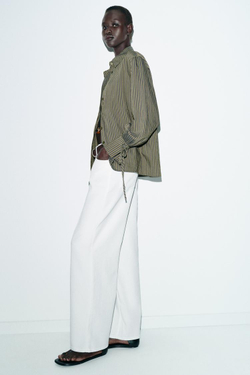 ZARA РУБАШКА В ПОЛОСКУ С ЗАВЯЗКАМИ, ТЕМНЫЙ ХАКИ