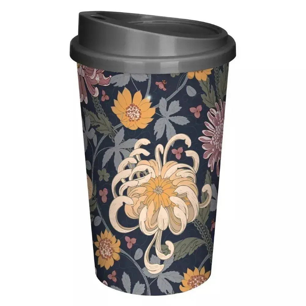 Стакан для горячих и холодных напитков с крышкой и декором хризантемы 400мл (черный)