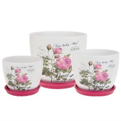 Горшки для цветов с поддонами, набор 3шт. "Королевская роза" d=16,5/13,5/11см. h=14/11,5/9см. v=1900