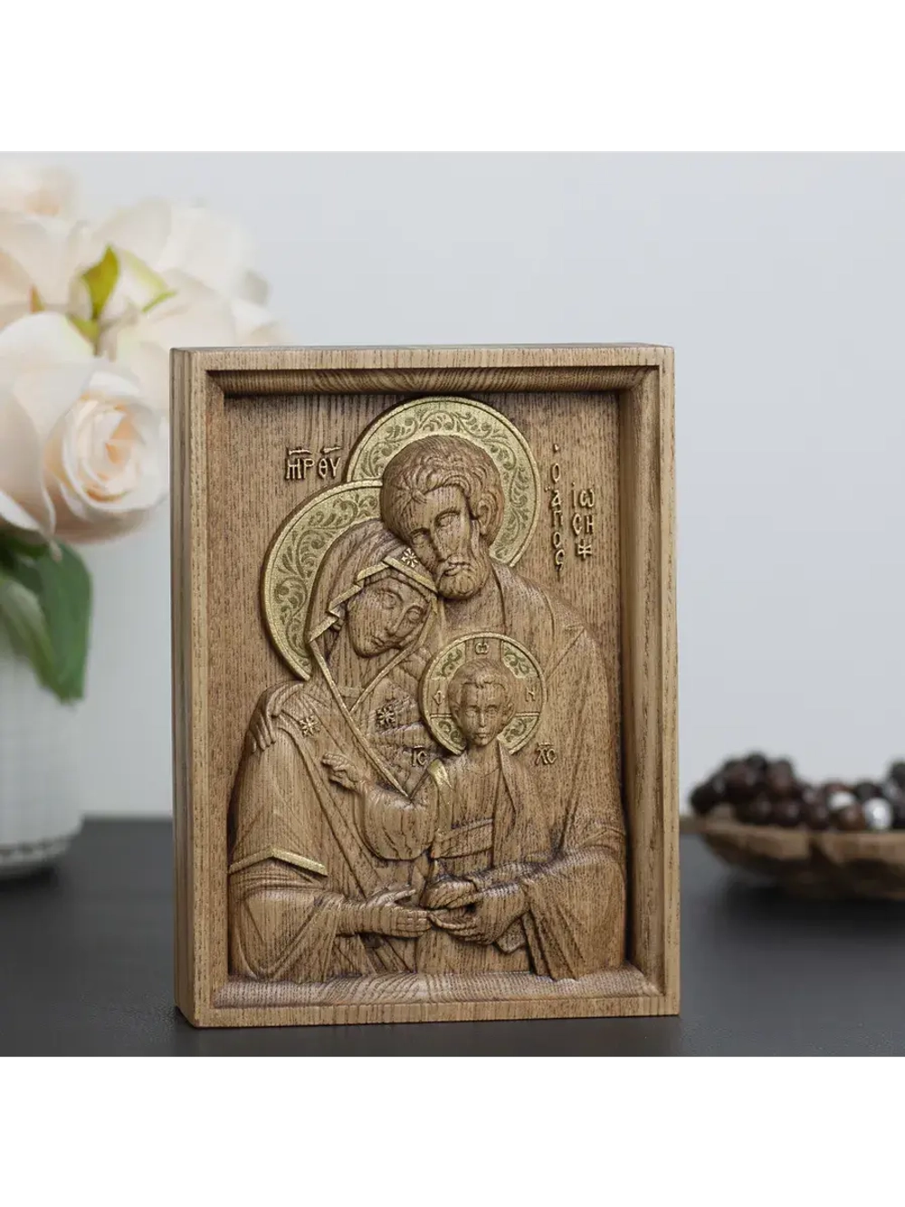 Святое семейство икона деревянная резная, ясень (2)