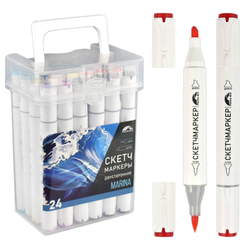 Набор скетчмаркеров двусторонних арт. 65496 / 1 МОРЕ (24 цв., размер бокса: 12х16,5х8,5 см, цвет корпуса: белый, материал: полипропилен, полиэстер "Фетр", нейлон, состав чернил: на спиртовой основе, толщина наконечников: "долото" - 6,2 мм, "кисть" -