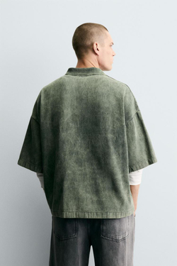 ZARA ПОЛО ИЗ РЕЛЬЕФНОЙ ТКАНИ С ЭФФЕКТОМ ПОТЕРТОСТИ, ЗЕЛЕНЫЙ