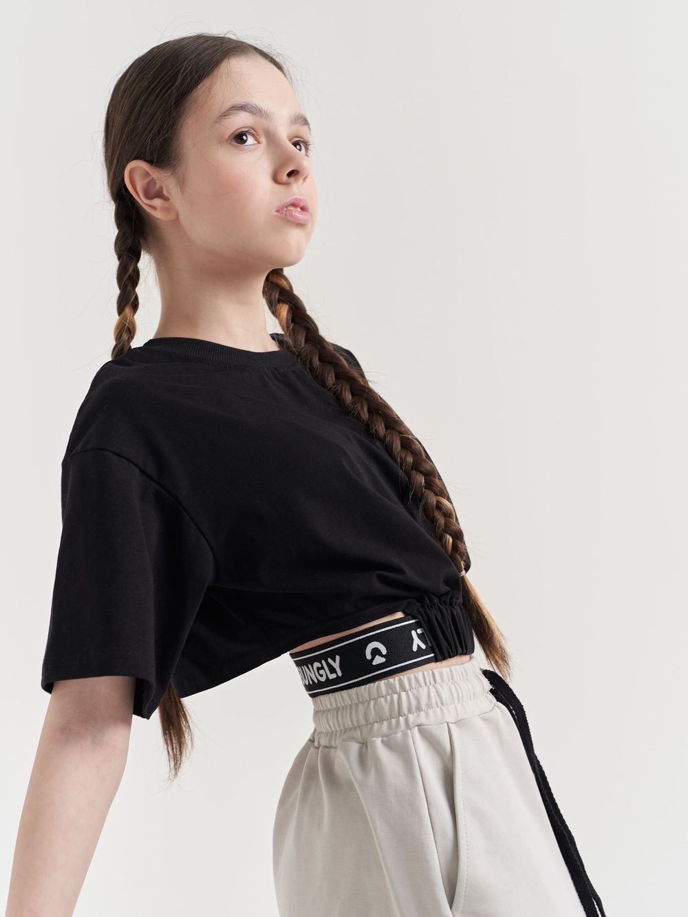 Футболка укороченная на резинке "УГОЛЬ" подростковая