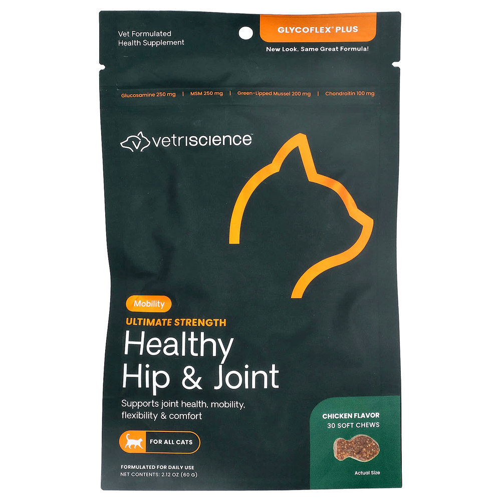 VetriScience, GlycoFlex® Plus, здоровье бедер и суставов, для всех кошек, со вкусом курицы, 30 жевательных таблеток, 60 г (2,12 унции)