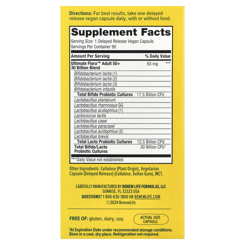 Renew Life, Ultimate Flora™, пробиотик для взрослых старше 50 лет, 30 млрд КОЕ, 90 веганских капсул с отсроченным высвобождением