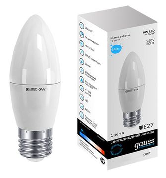 Лампа свеча Gauss Elementary LED 6W Е27 4100K AC220-240V 33226