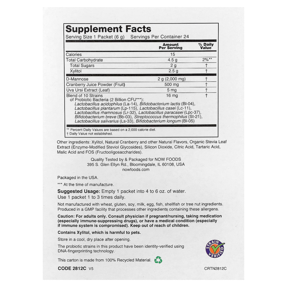 NOW Foods, клюква, манноза и пробиотики, для женщин, в компактной упаковке, 24 пакета по 6 г (0,21 унции) каждый