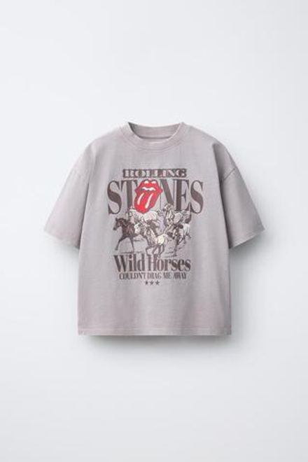 ZARA ФУТБОЛКА С ЭФФЕКТОМ ПОТЕРТОСТИ ROLLING STONE ©, СЕРОВАТО-КОРИЧНЕВЫЙ