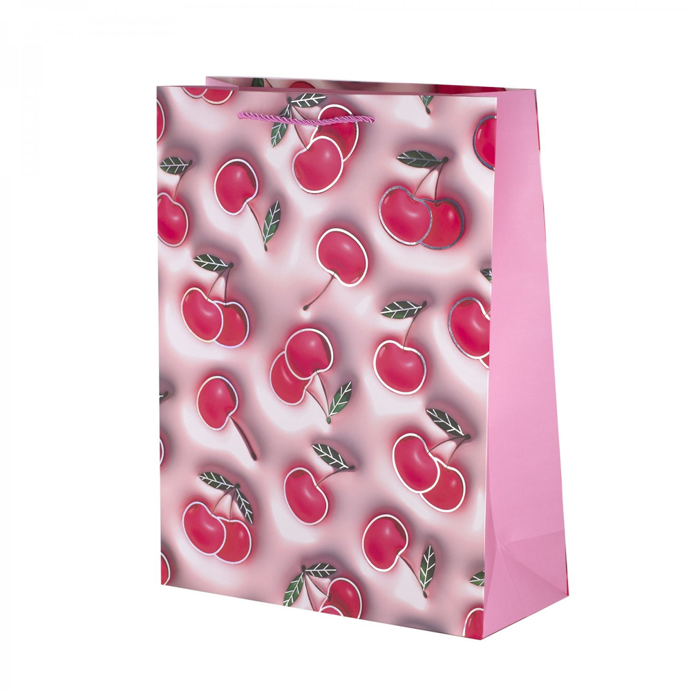 Пакет подарочный бумажный Alingar, (L+) 26х32х10 см, вертикальный, "Сочные фрукты", матов. ламинация, тиснение голография, эффект 3D, ассорти