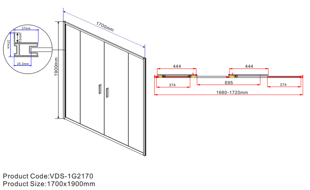 Душевая дверь Garda VDS-1G2170CLG, 1700, брашированное золото, стекло прозрачное, , шт