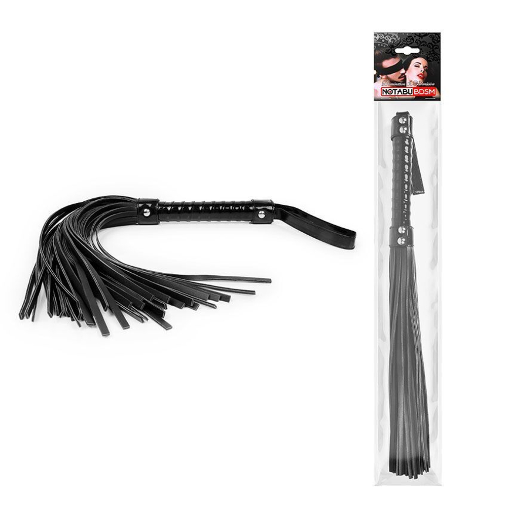 Черная многохвостовая плеть с круглой глянцевой ручкой - 43 см. (Цвет: черный)