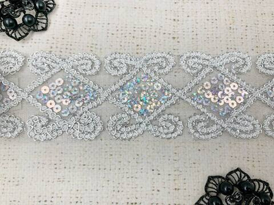 Тесьма пайетки на сетке, ш. 5,8 см, серебро