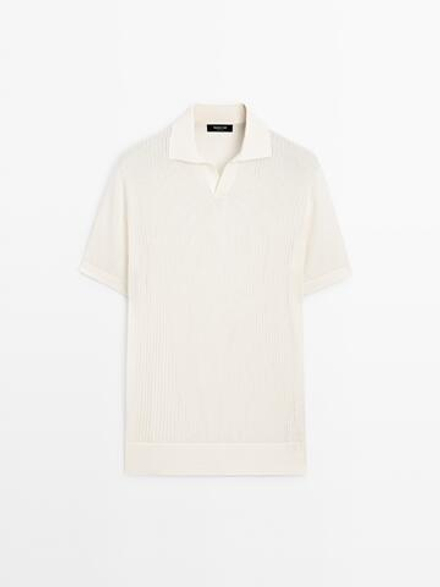 Massimo Dutti Поло с V-образным вырезом и ажурной отделкой, белый