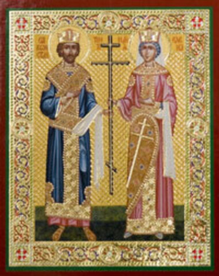 Икона на деревянной основе Константин и Елена. вел. равноап. имп. и царица 8х6 с тиснением золотой ф