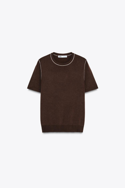 ZARA ТРИКОТАЖНЫЙ ТОП С КОРОТКИМИ РУКАВАМИ И ОКАНТОВКОЙ, КОРИЧНЕВЫЙ