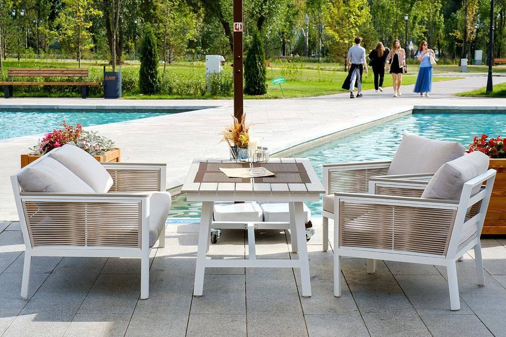 "Сан Ремо" диван 2-местный плетеный из роупа, каркас алюминий белый, роуп бежевый, ткань бежевая