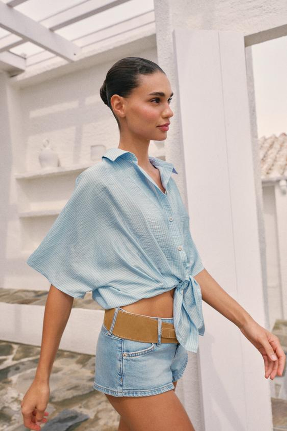 ZARA РУБАШКА В ПОЛОСКУ С УЗЛОМ, ГОЛУБОЙ