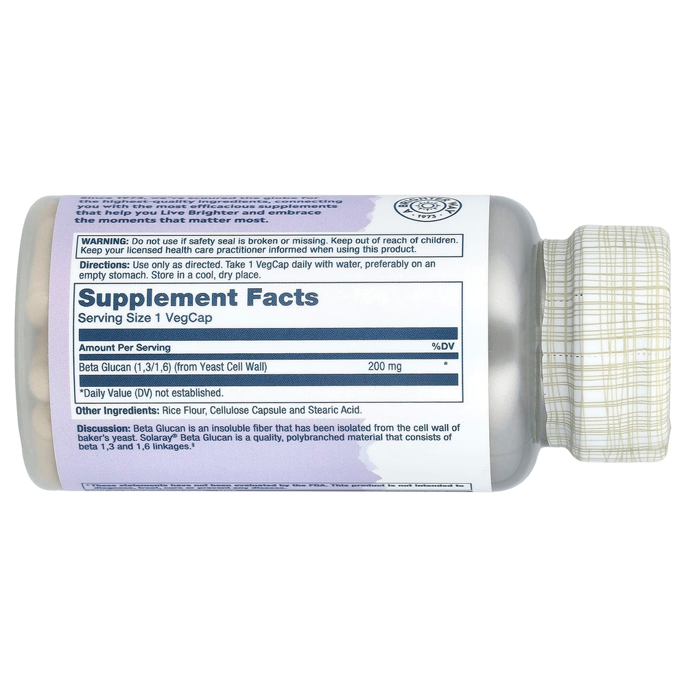 Solaray, Бета-глюкан, высокая эффективность, 200 мг, 30 растительных капсул