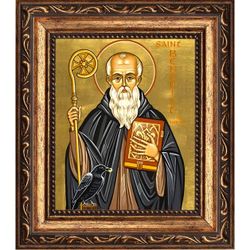 Венедикт (Бенедикт) Нурсийский преподобный игумен. Икона на холсте.