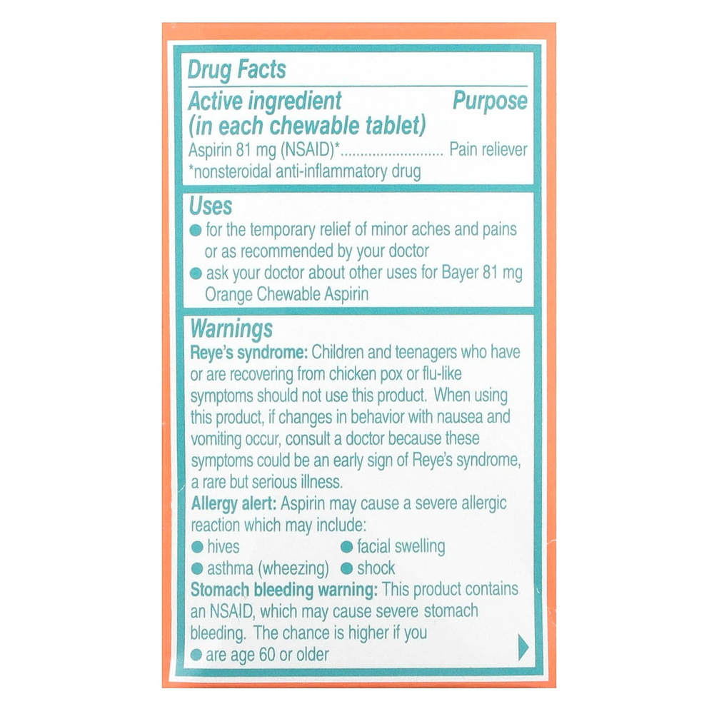 Bayer, Жевательные таблетки с низкой дозой аспирина, апельсин, 81 мг, 36 таблеток