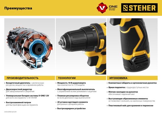 Аккумуляторная дрель-шуруповерт "STEHER" CDB-120-2