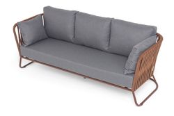 "Багамы" диван 3-местный плетеный из роупа, каркас алюминий коричневый (RAL8016) муар, роуп BZ23-ED31, ткань темно-серая 027