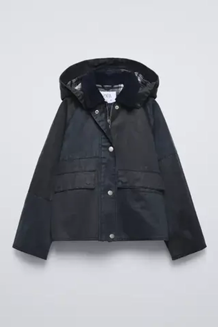 ZARA КУРТКА ИЗ ВОЩЕНОЙ ТКАНИ С КАПЮШОНОМ, СИНИЙ
