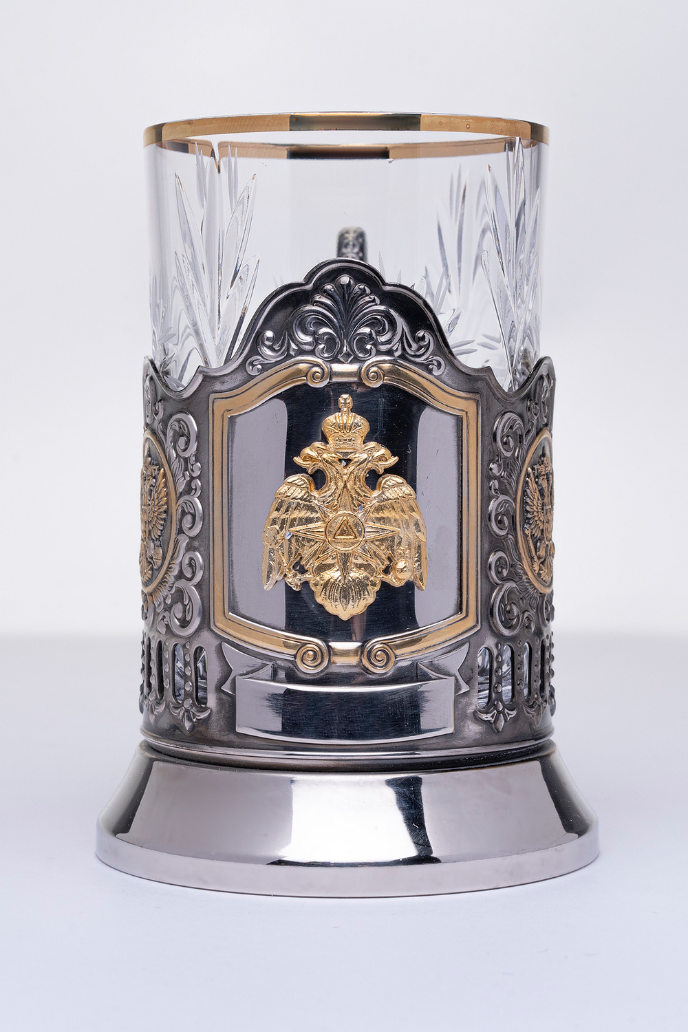 Подарочный набор «Подстаканник с символикой МЧС» (три предмета, металл/хрусталь)