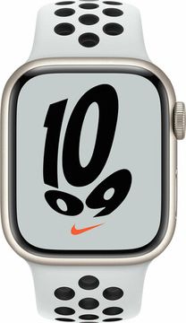 Apple Watch Nike Series 7, 41 мм, корпус из алюминия цвета «сияющая звезда», спортивный ремешок Nike цвета «чистая платина/чёрный»