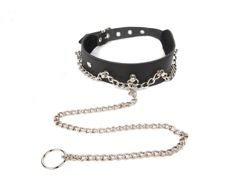 Черный ошейник с металлическим поводком-цепочкой (Цвет: черный)